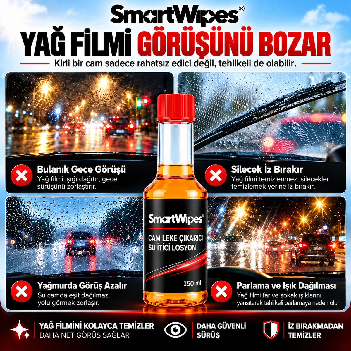 SmartWipes™ Ön Cam Leke Çıkarıcı Su İtici Losyon